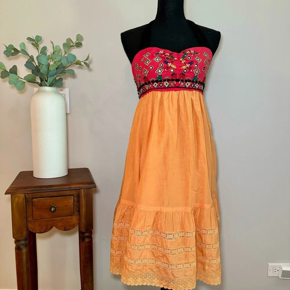 Anthropologie Zehavale Embroidered Halter Dress Boho Chic Multicolor Size 4 N13